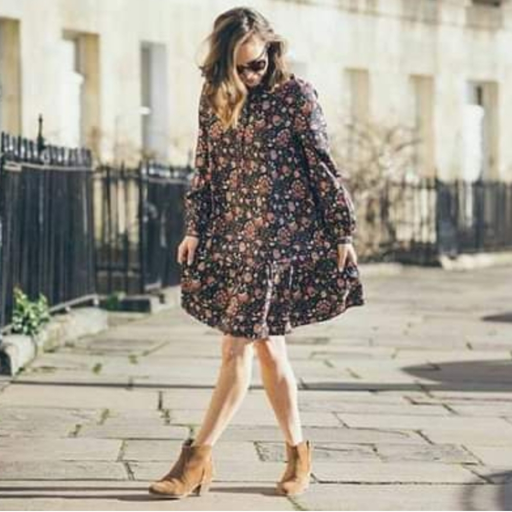 PEOPLE TREE V&A YASMIN PRINT FLARED DRESS Floral Navy Pink 8